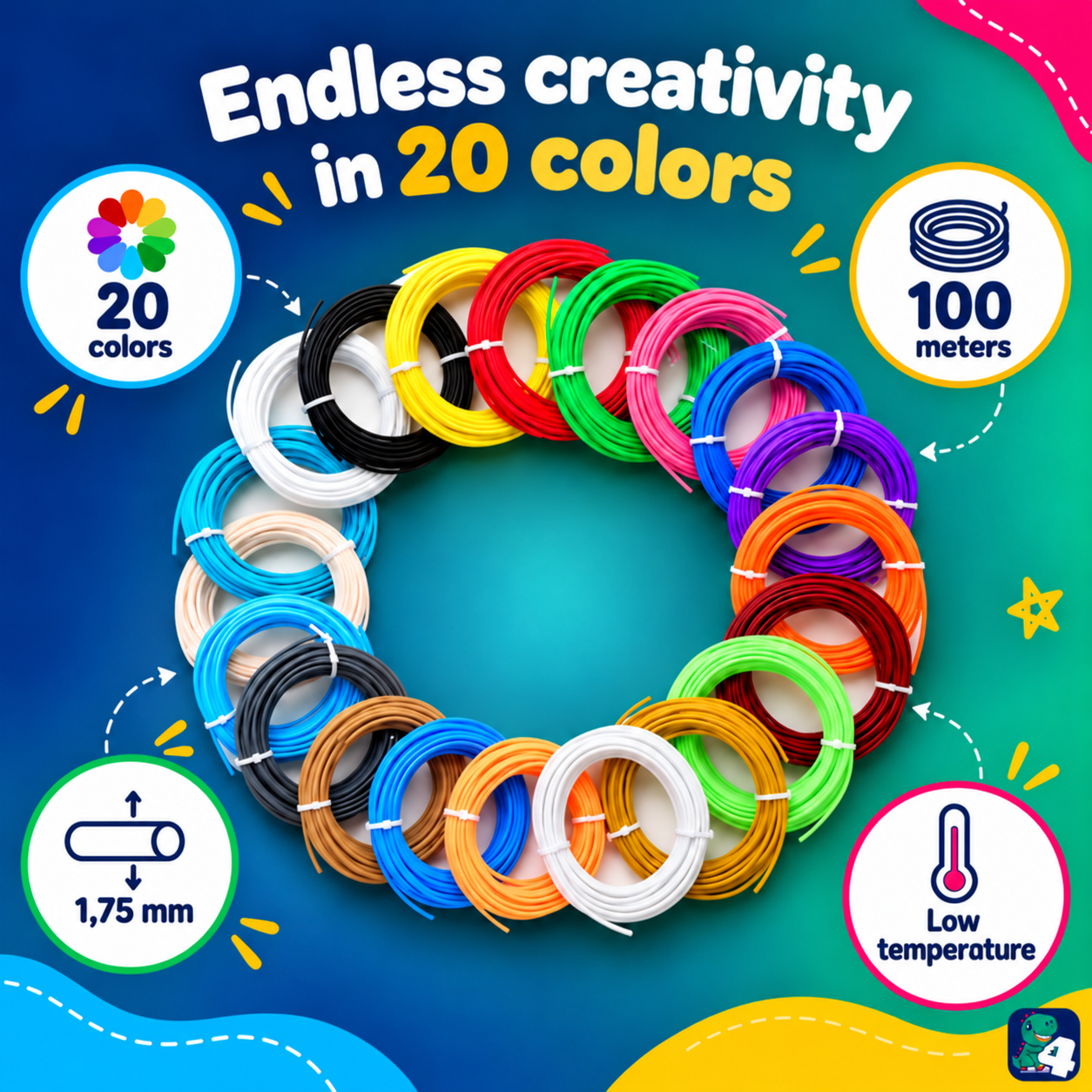 PCL filament for 3D pens: endless creativity in 20 colours, 100 metres