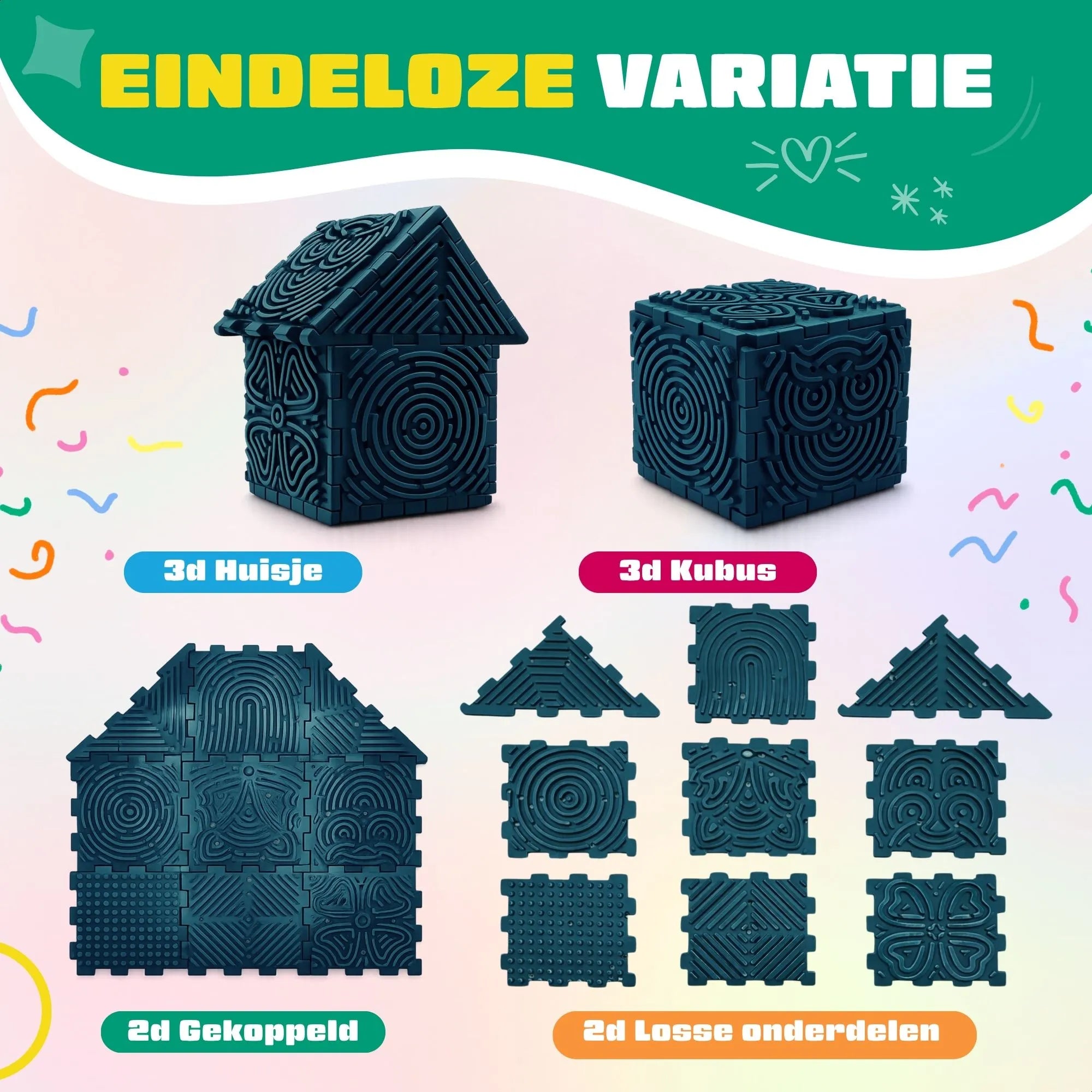 Eindeloze variatie met de Fidget Draden bouwset van Fits4Kids in 2D en 3D vormen