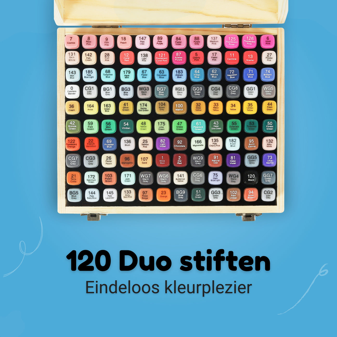 Twinmarkers - 120 Stuks - Inclusief Luxe Houten Opbergkist