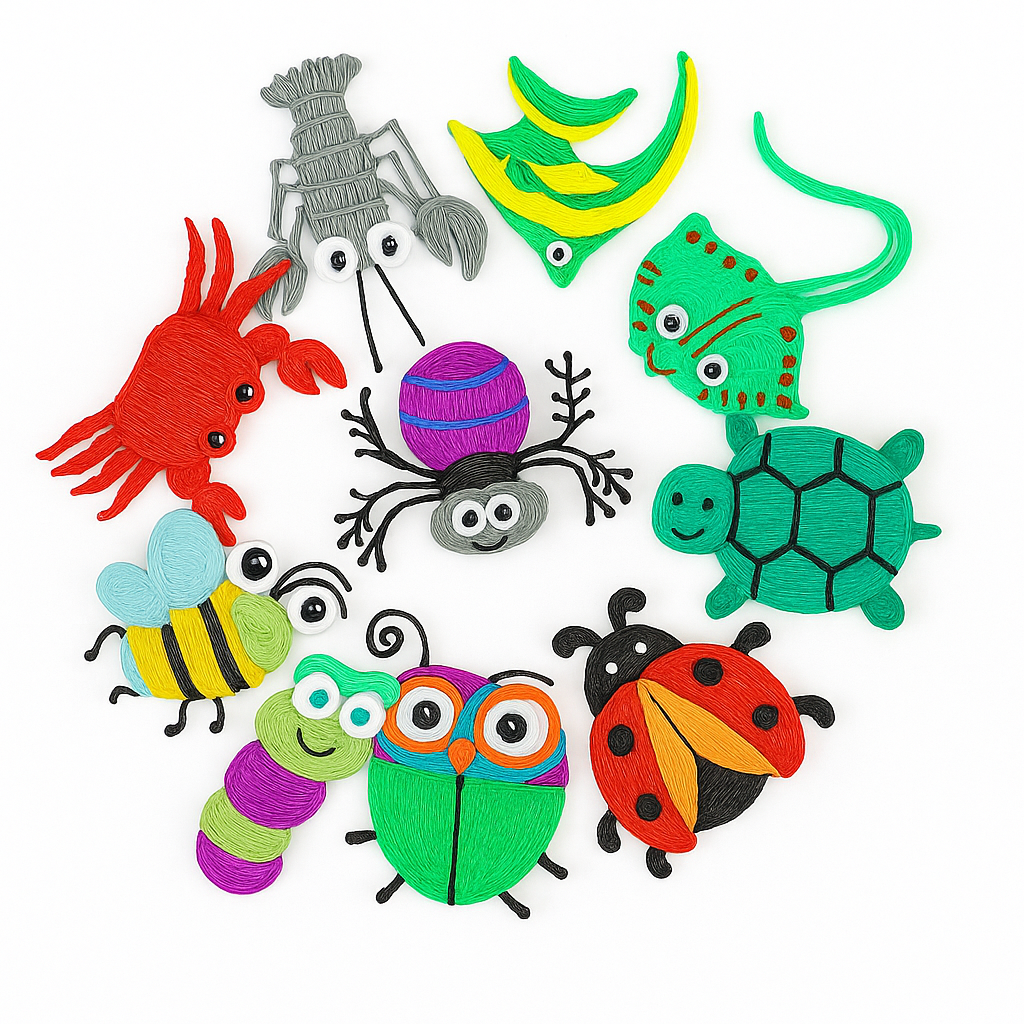 Kleurrijke 3D pen creaties van dieren gemaakt door kinderen, waaronder een krab, schildpad, lieveheersbeestje en bij