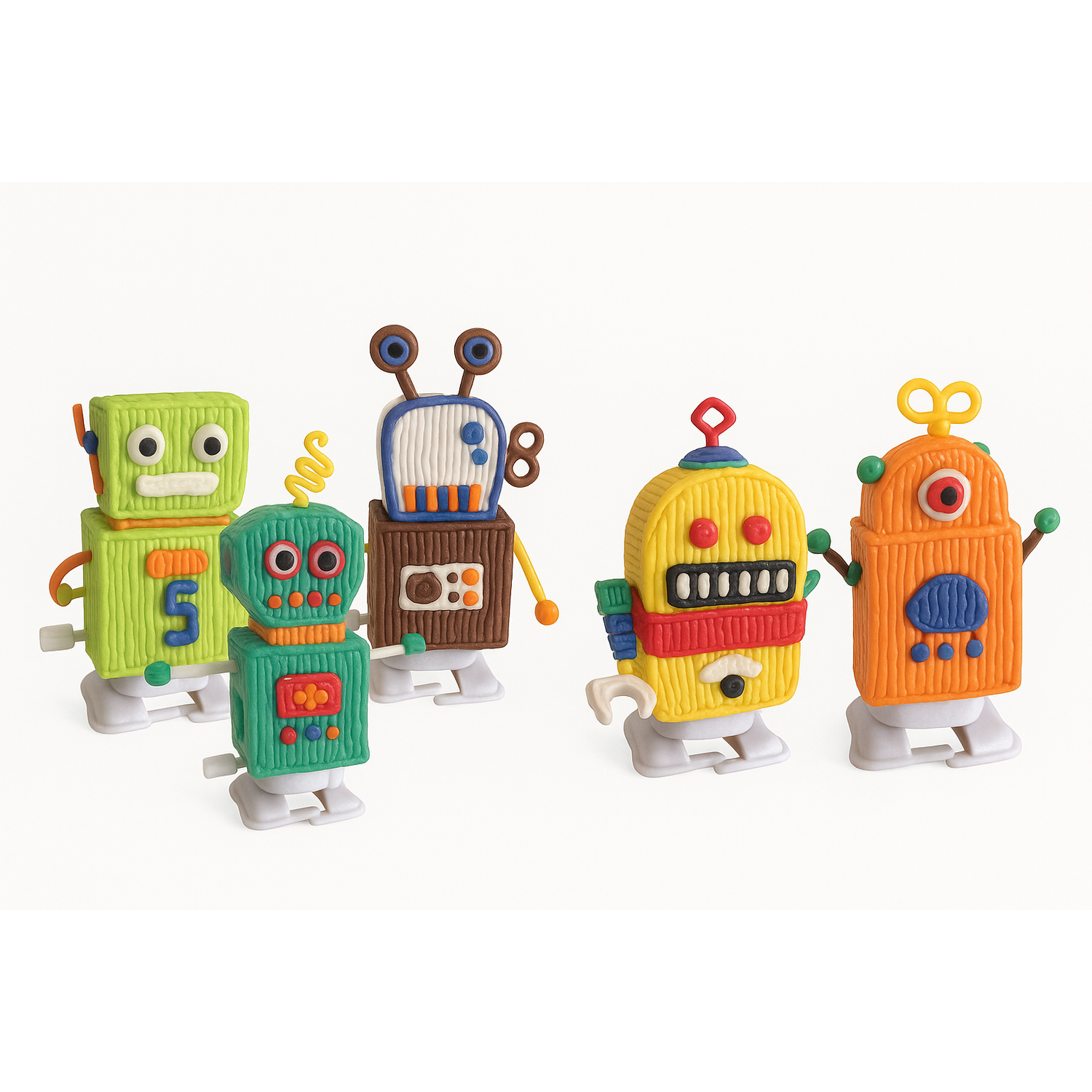 Overzicht van kleurrijke 3D pen robot creaties gemaakt met stencils van Fits4Kids