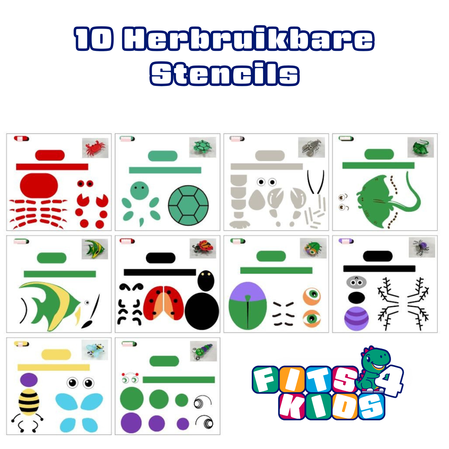 Overzicht van 10 herbruikbare 3D pen stencils van Fits4Kids