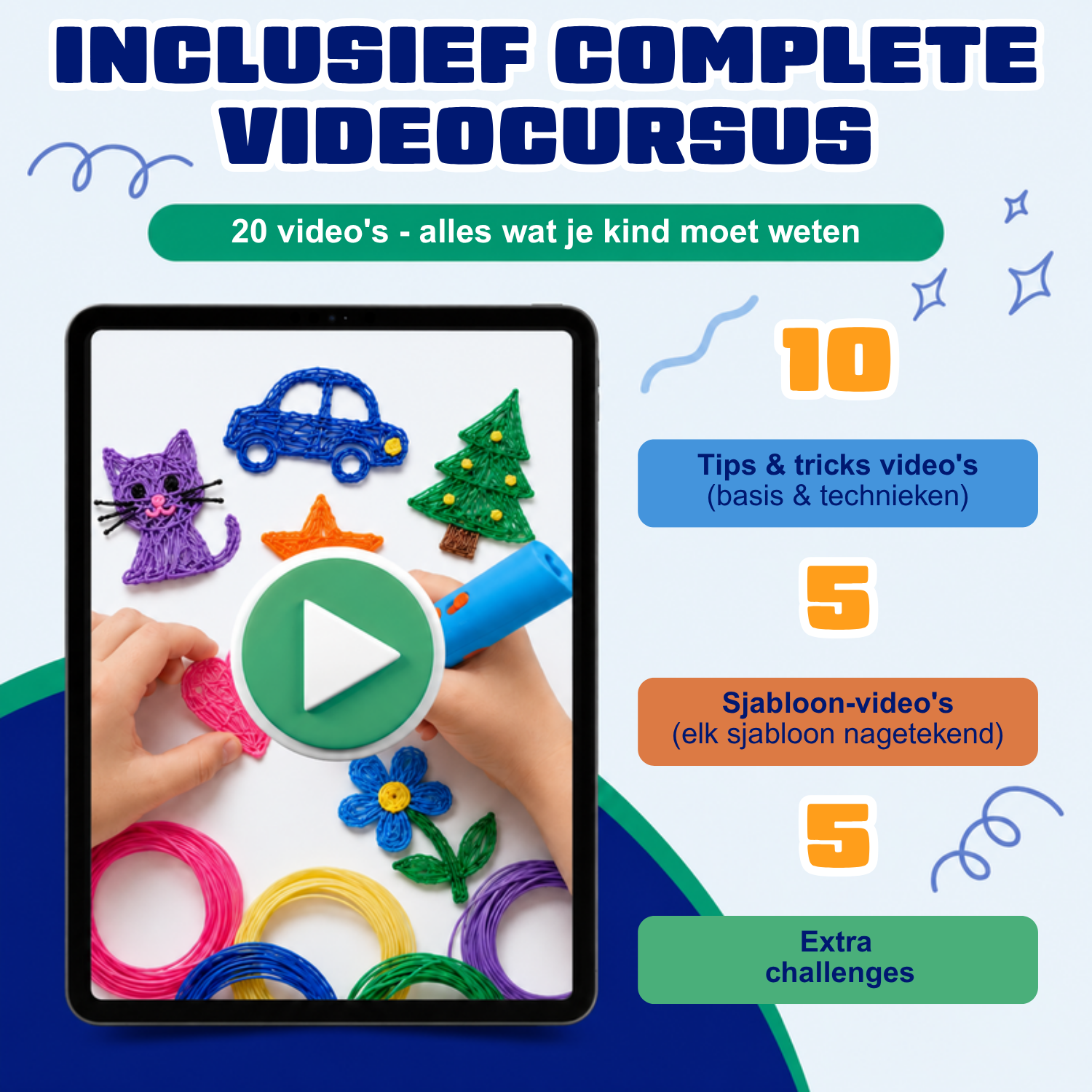 Inclusief videocursus met 20 video's bij de draadloze 3D pen (blauw)