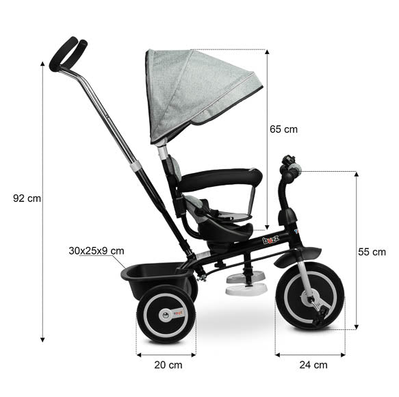 BUZZ Driewieler - Innovatieve 2-in-1 Fiets en Kinderwagen - Grijs