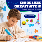 Jongen tekent met de draadloze 3D pen (blauw) op een sjabloon