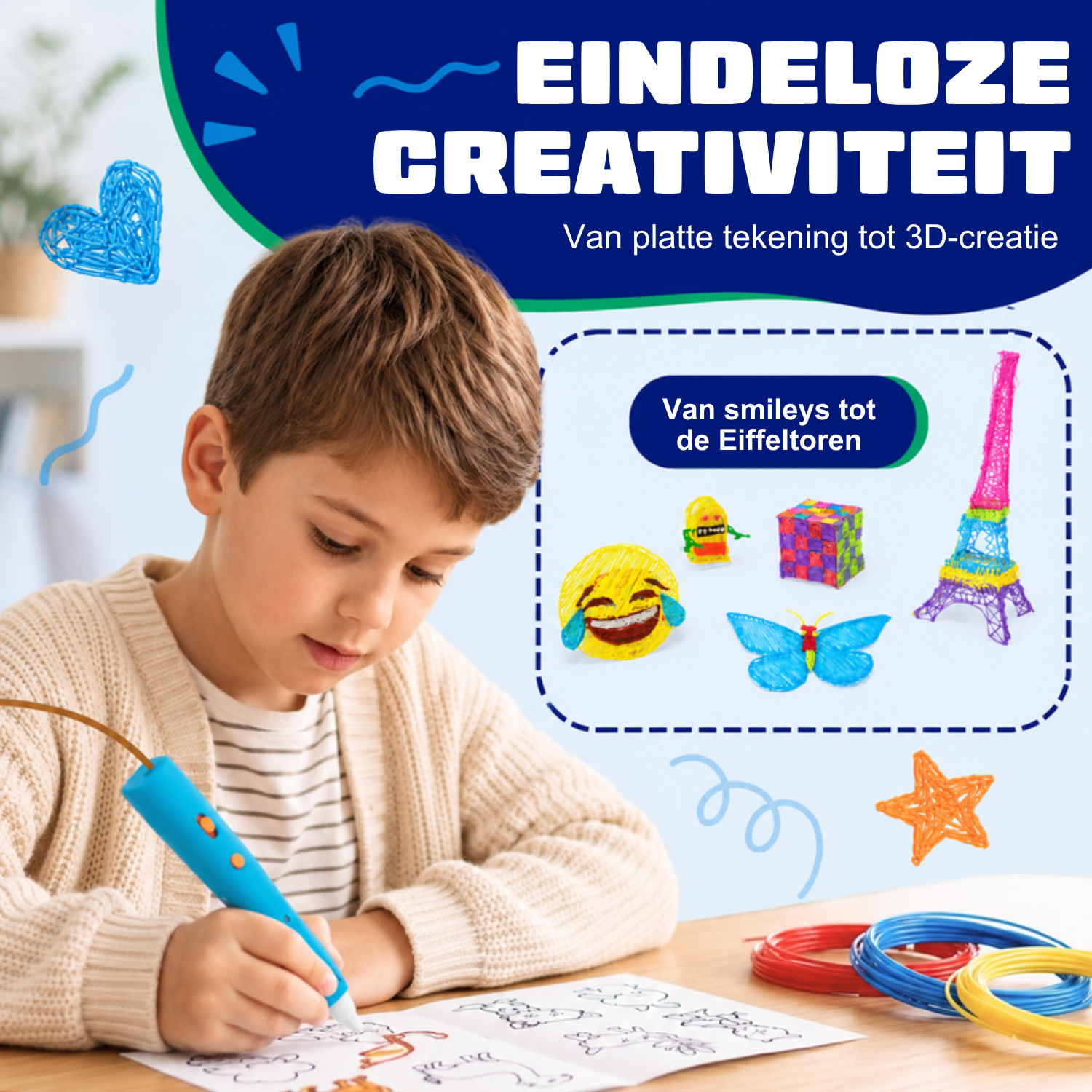 Jongen tekent met de draadloze 3D pen (blauw) op een sjabloon