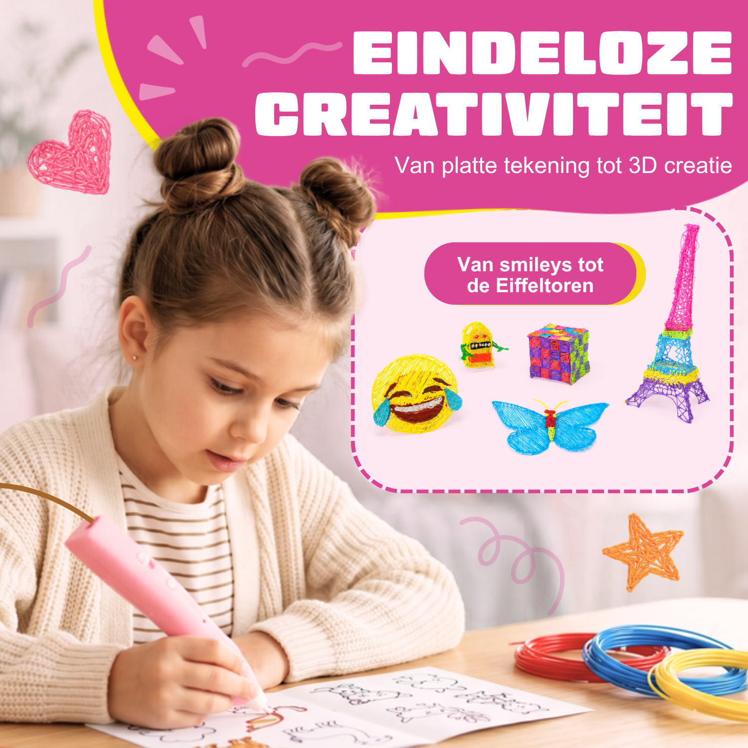 Meisje tekent met de draadloze 3D pen (roze) op een sjabloon