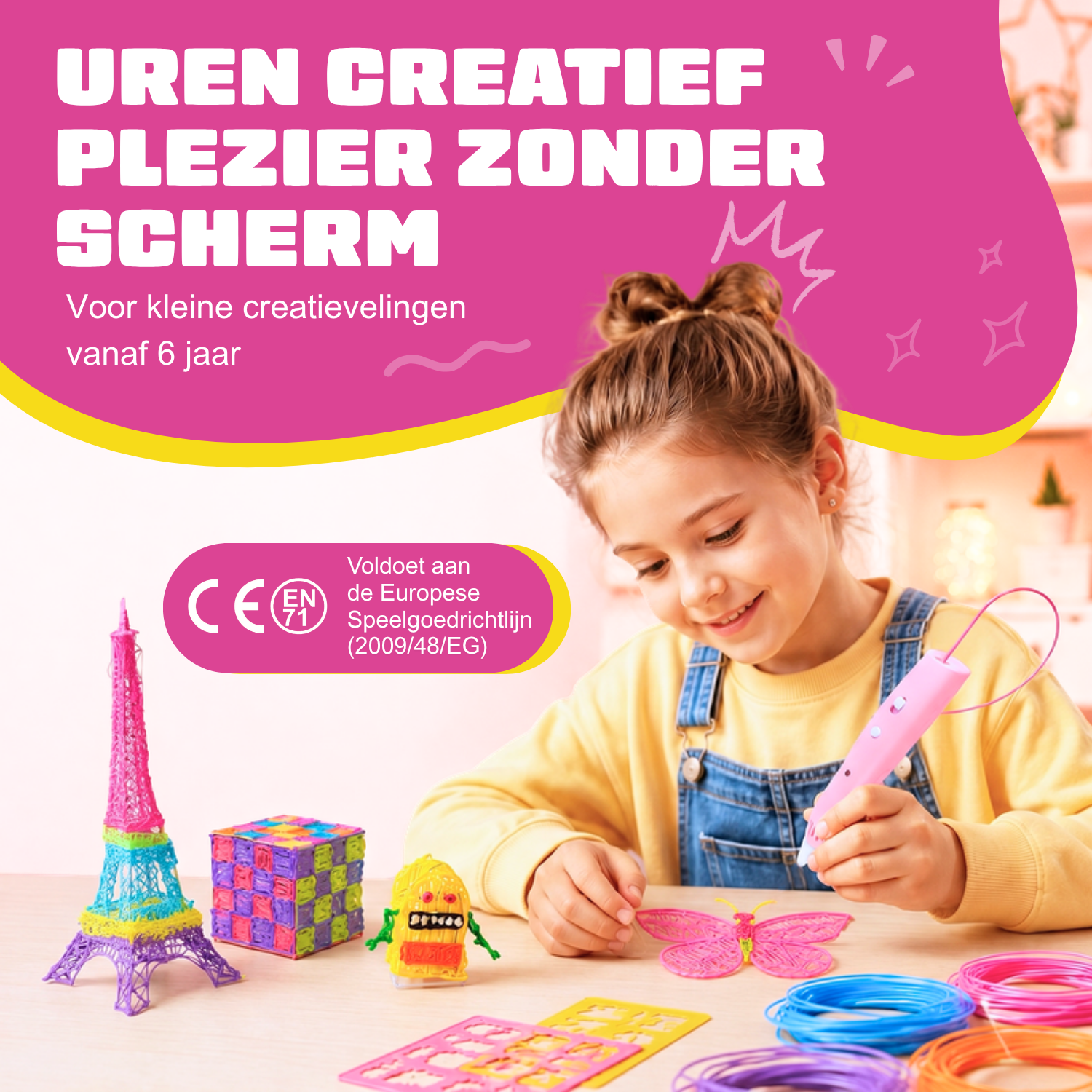 Meisje maakt een 3D figuur met de draadloze 3D pen (roze)