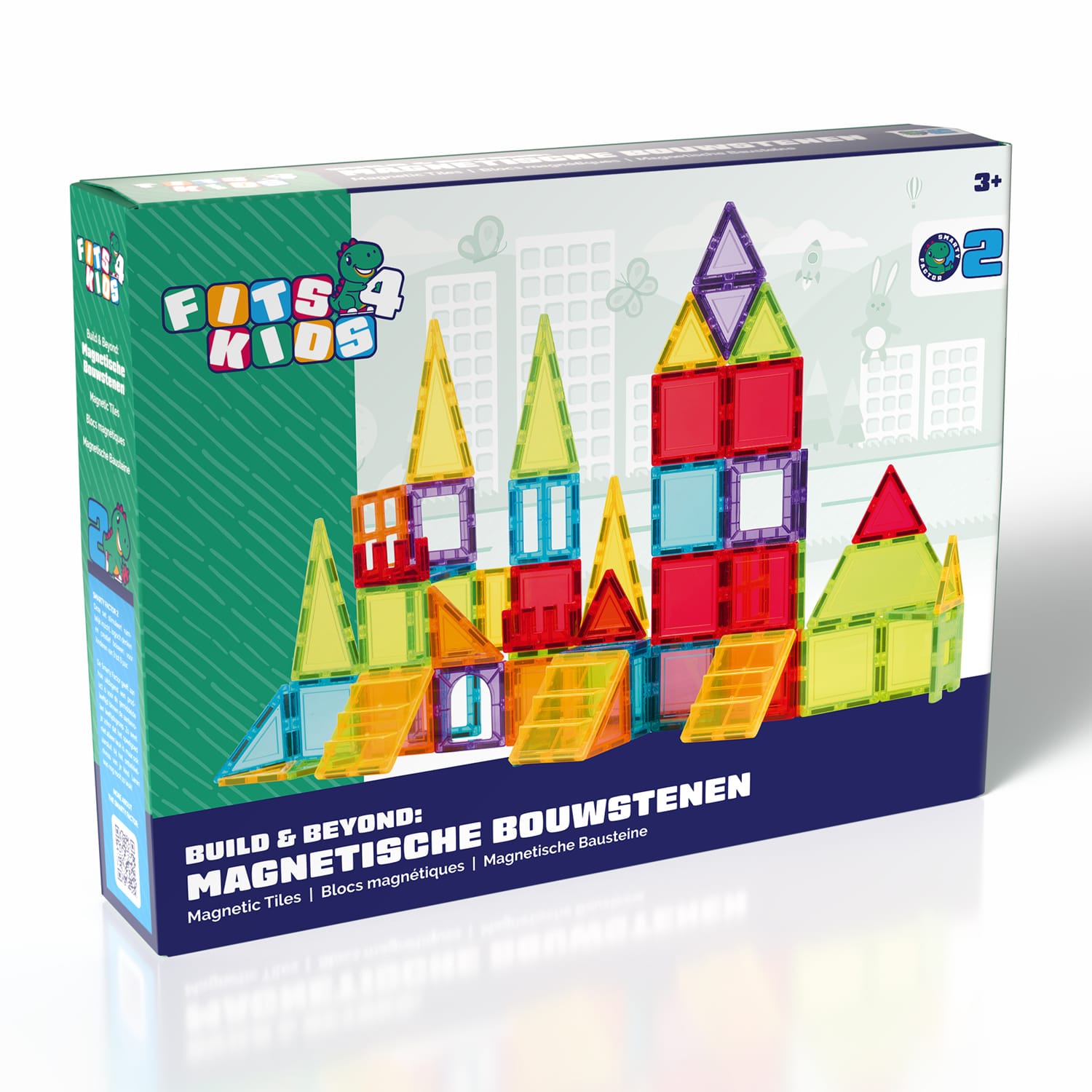 Verpakking van de Magnetic Tiles Build & Beyond van Fits4Kids voor kinderen vanaf 3 jaar