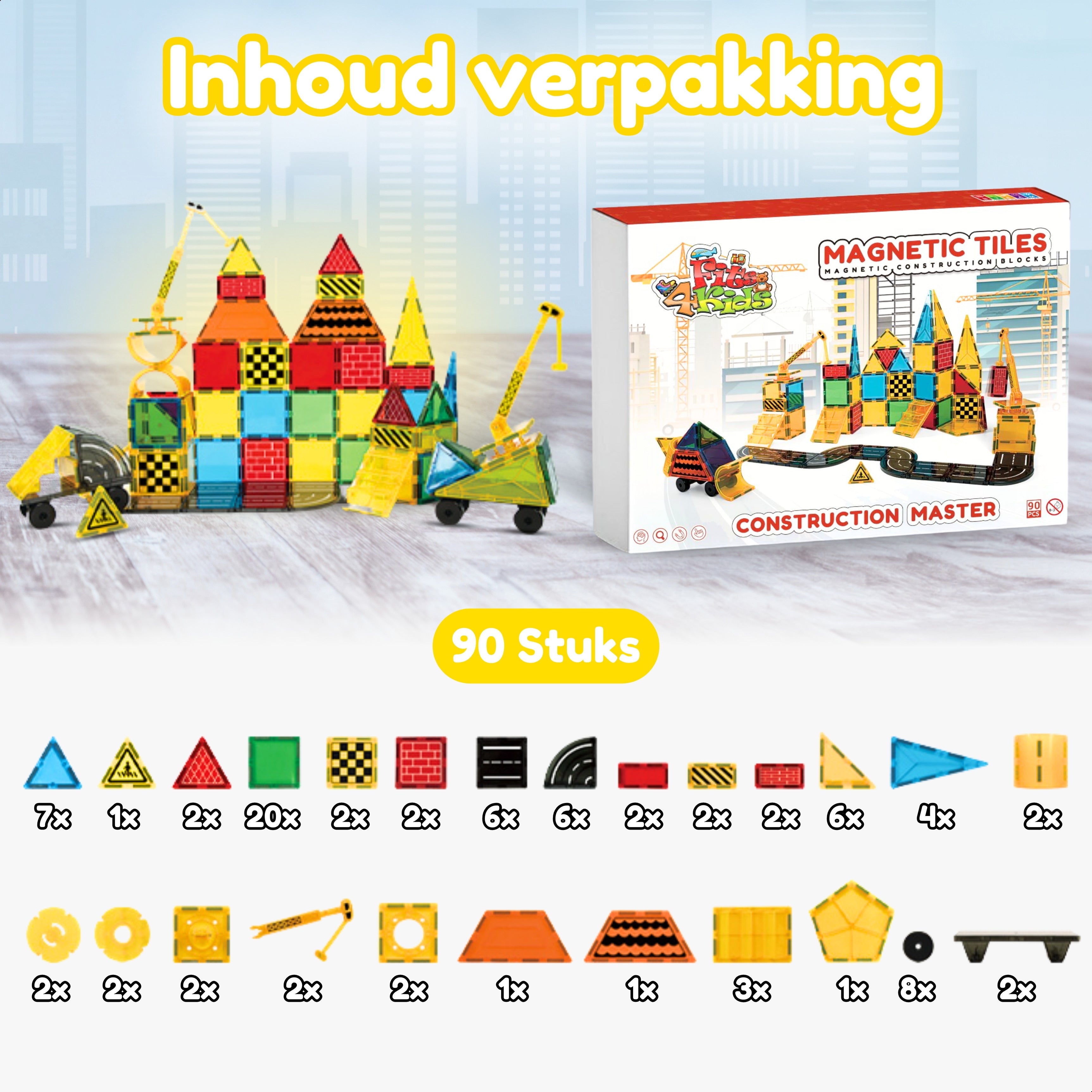 Overzicht van de inhoud van de Magnetic Tiles Construction Master set van Fits4Kids