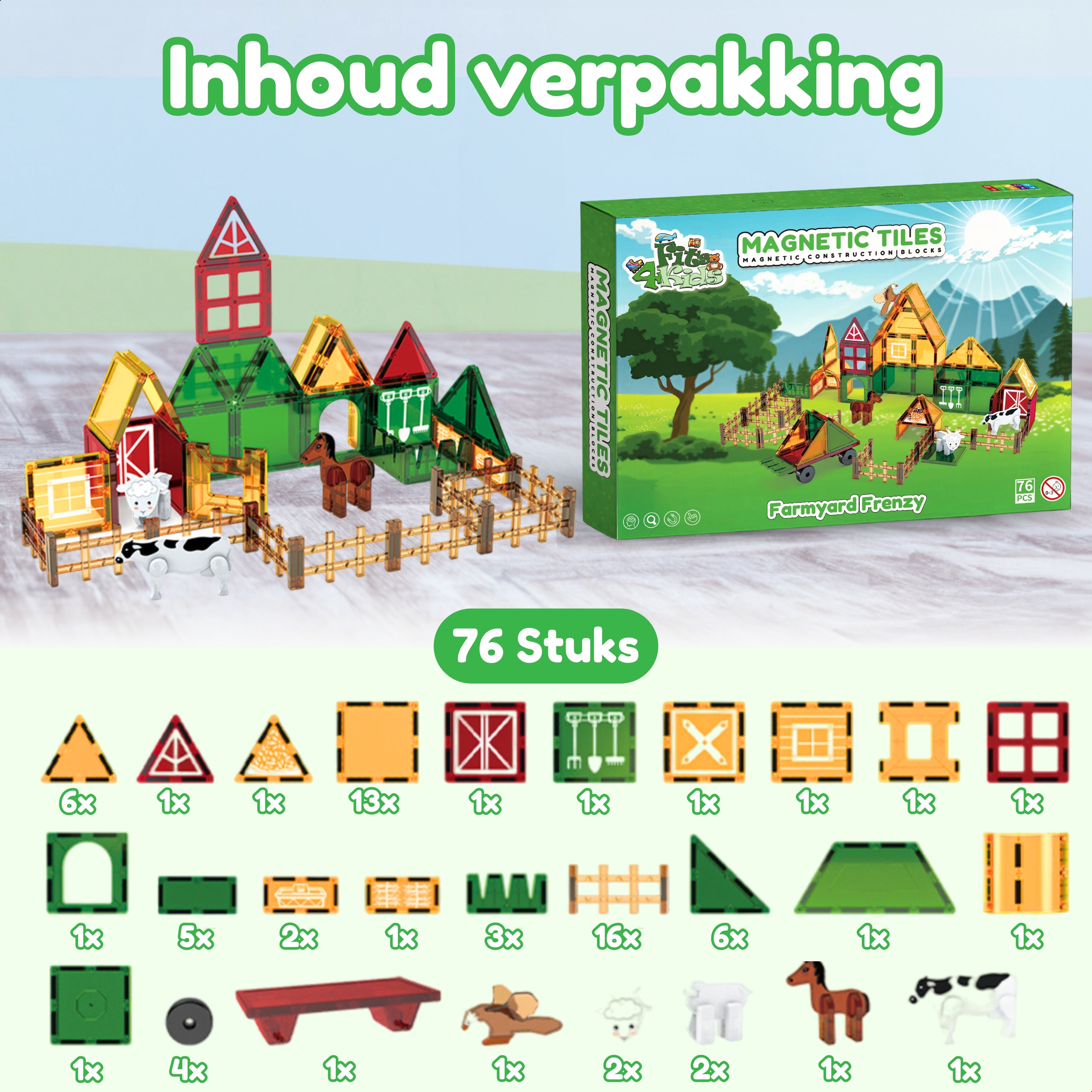 Overzicht van de inhoud van de Magnetic Tiles Farmyard Frenzy set van Fits4Kids