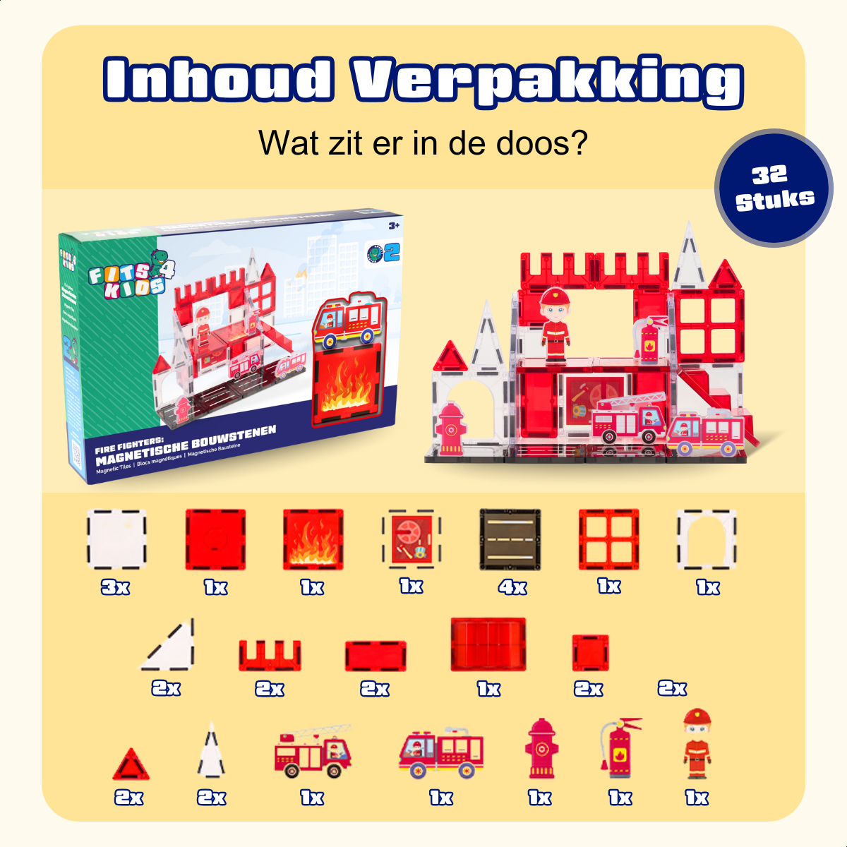 Overzicht van de inhoud van de Magnetic Tiles Fire Fighters set van Fits4Kids