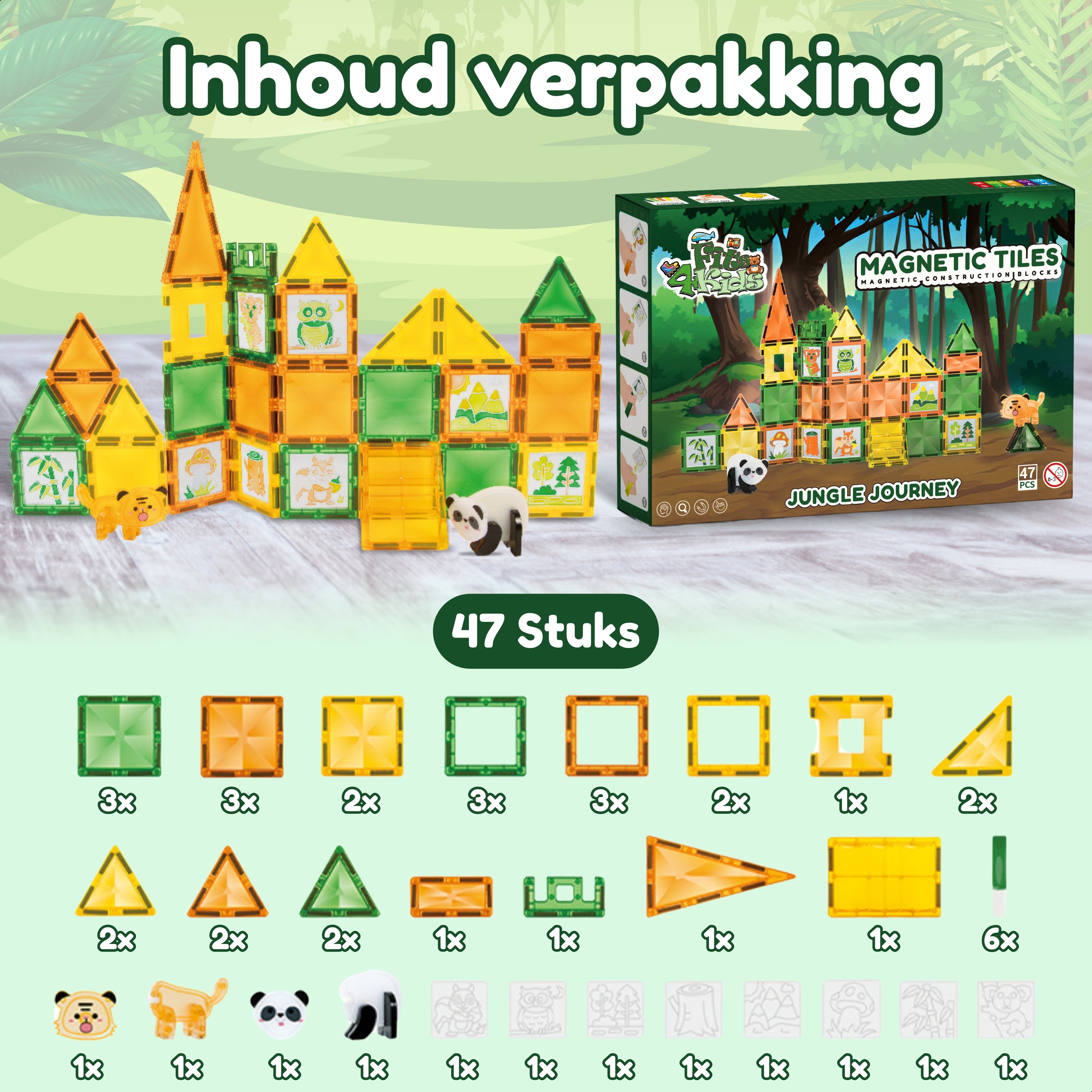 Overzicht van de inhoud van de Magnetic Tiles Jungle set van Fits4Kids