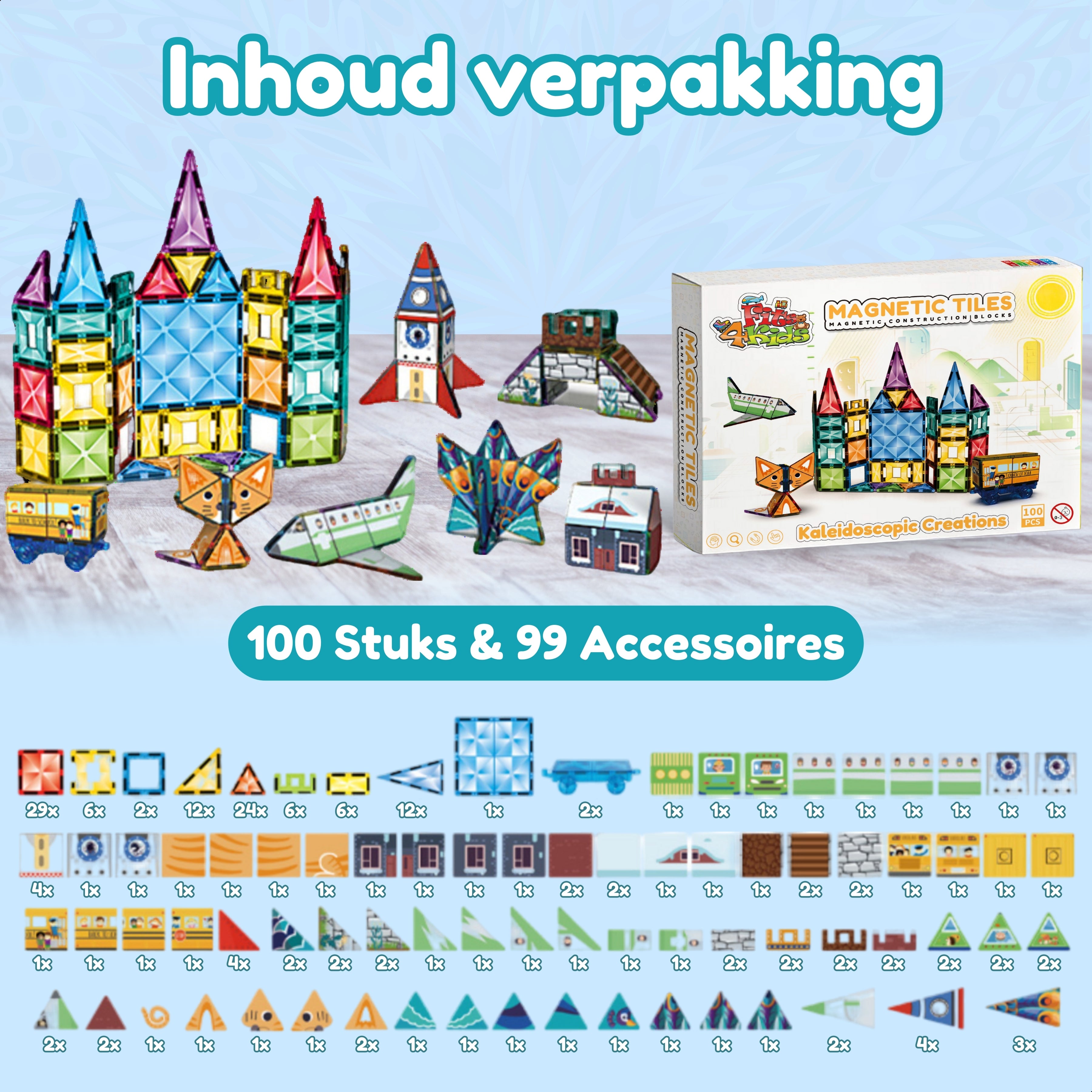 Overzicht van de inhoud van de Magnetic Tiles Kaleidoscopic Creations set van Fits4Kids
