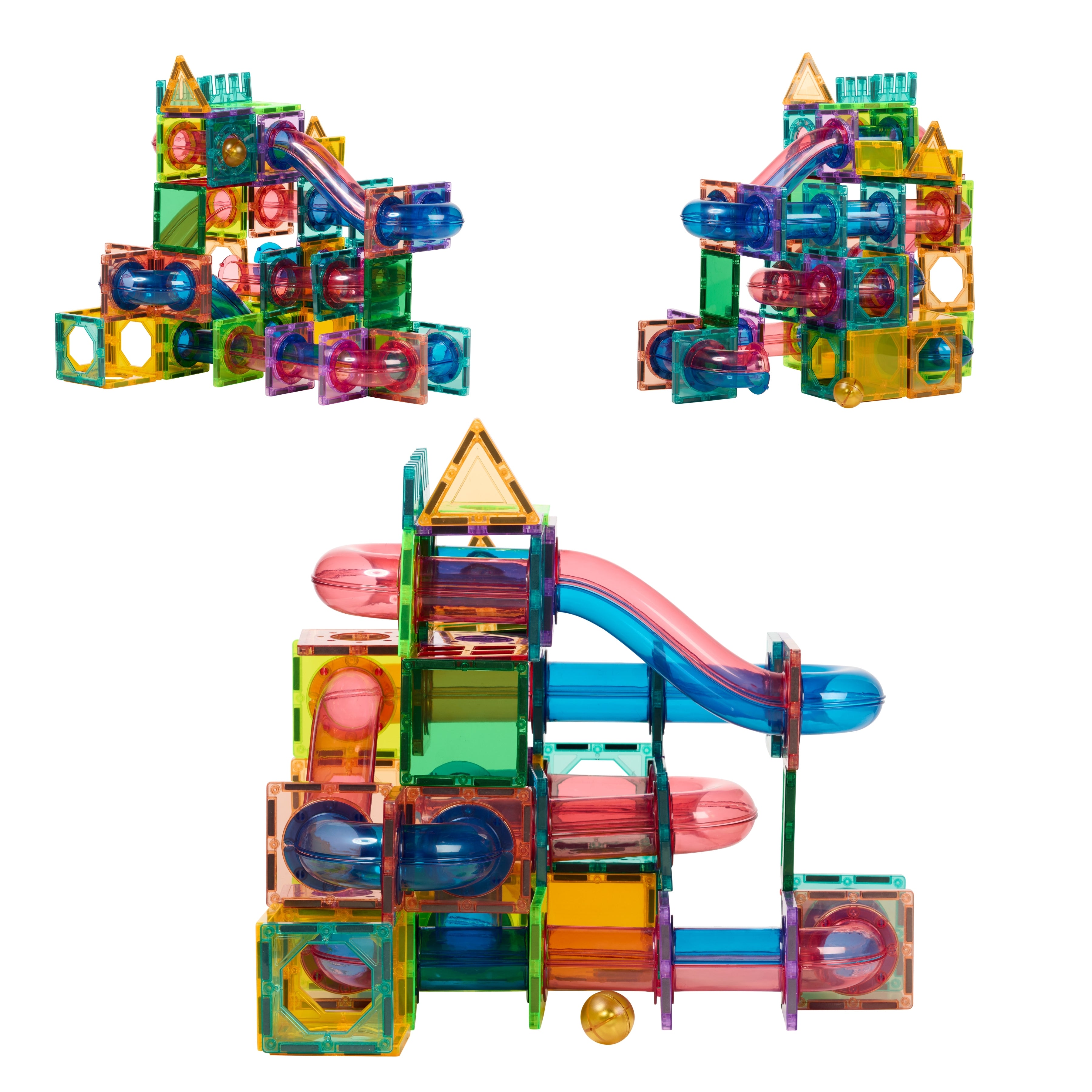 Kleurrijke knikkerbaan gebouwd met Magnetic Tiles Marble Run van Fits4Kids