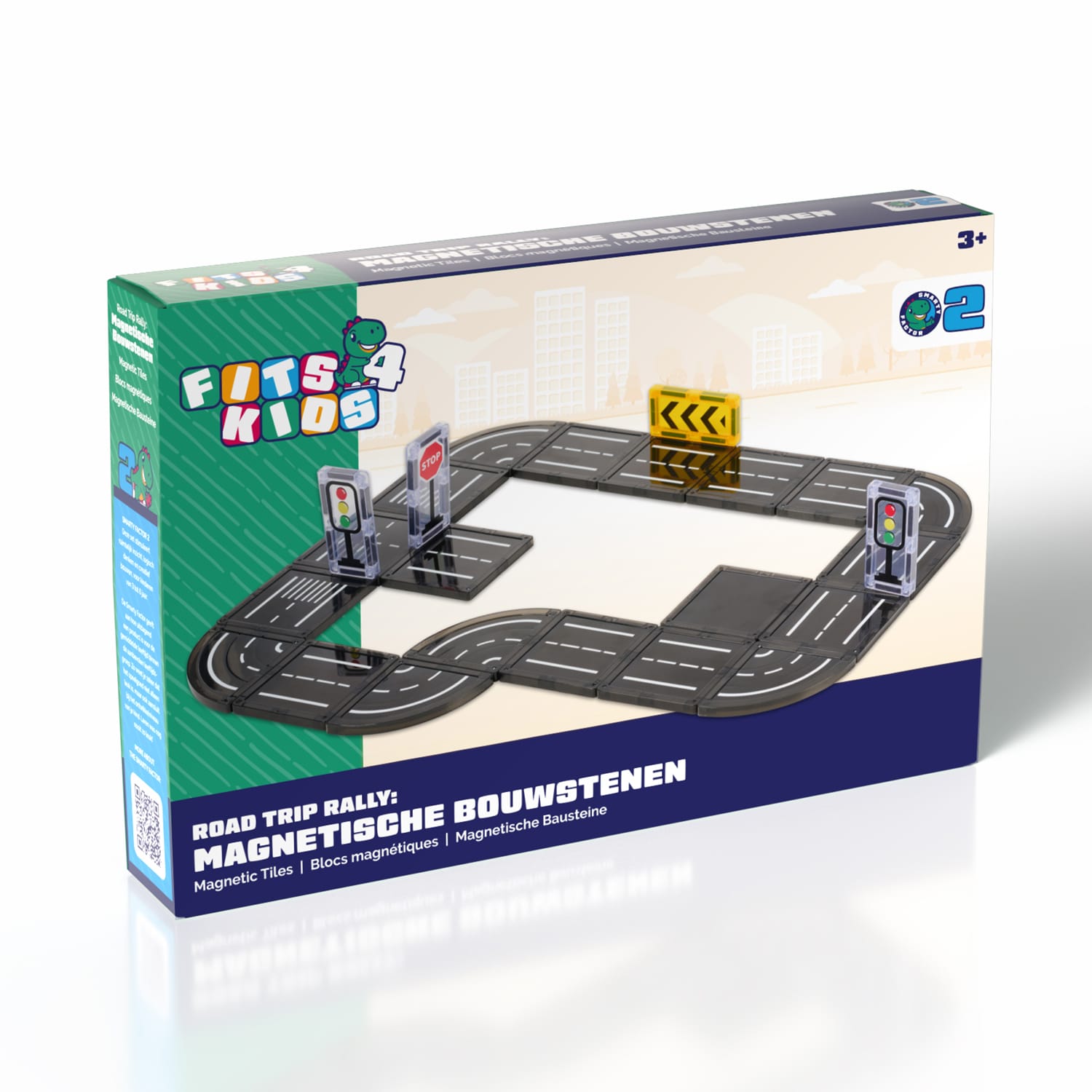 Verpakking van de Magnetic Tiles Road Trip Rally van Fits4Kids voor kinderen vanaf 3 jaar