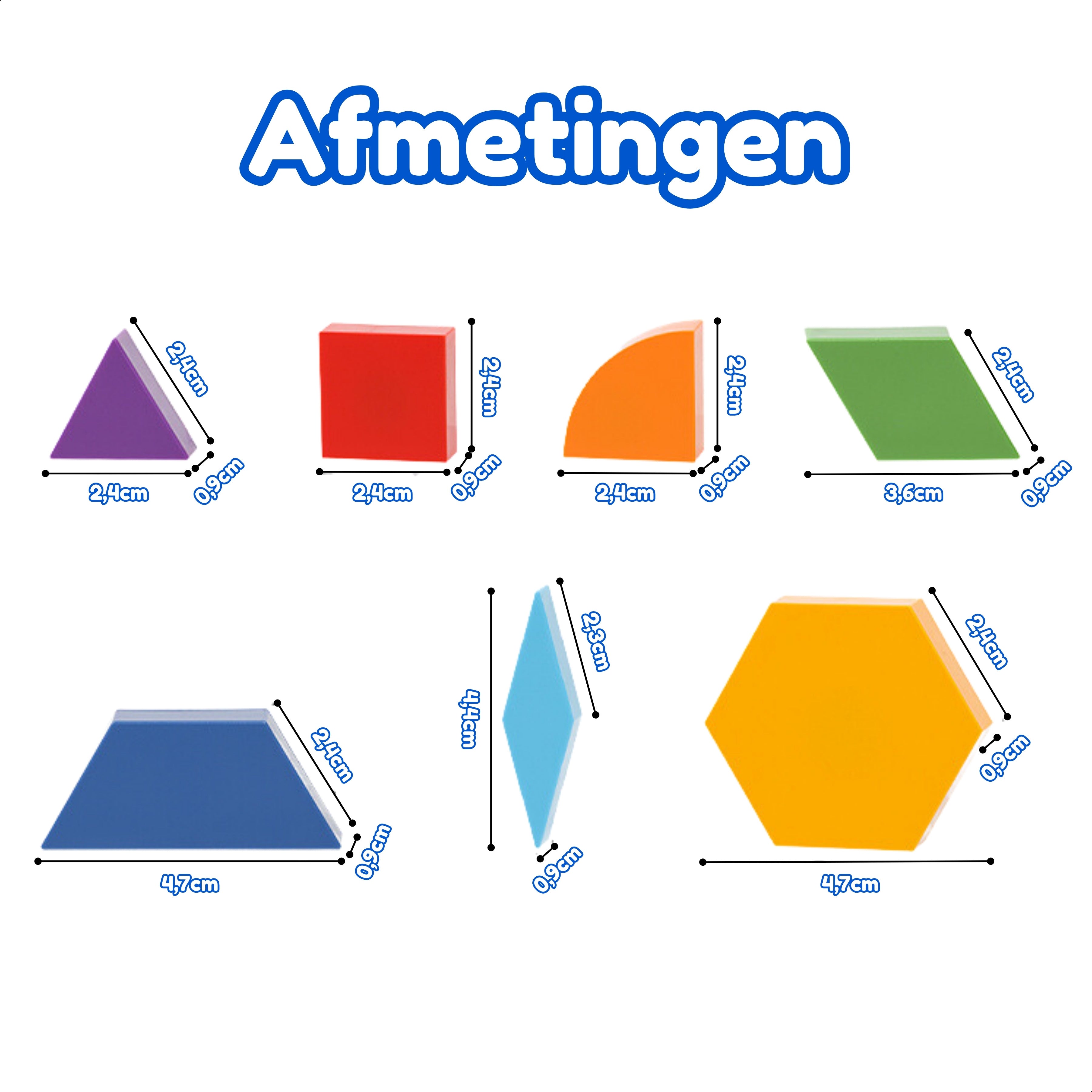Afmetingen van de tangram vormen uit de Tangram Tactician set van Fits4Kids