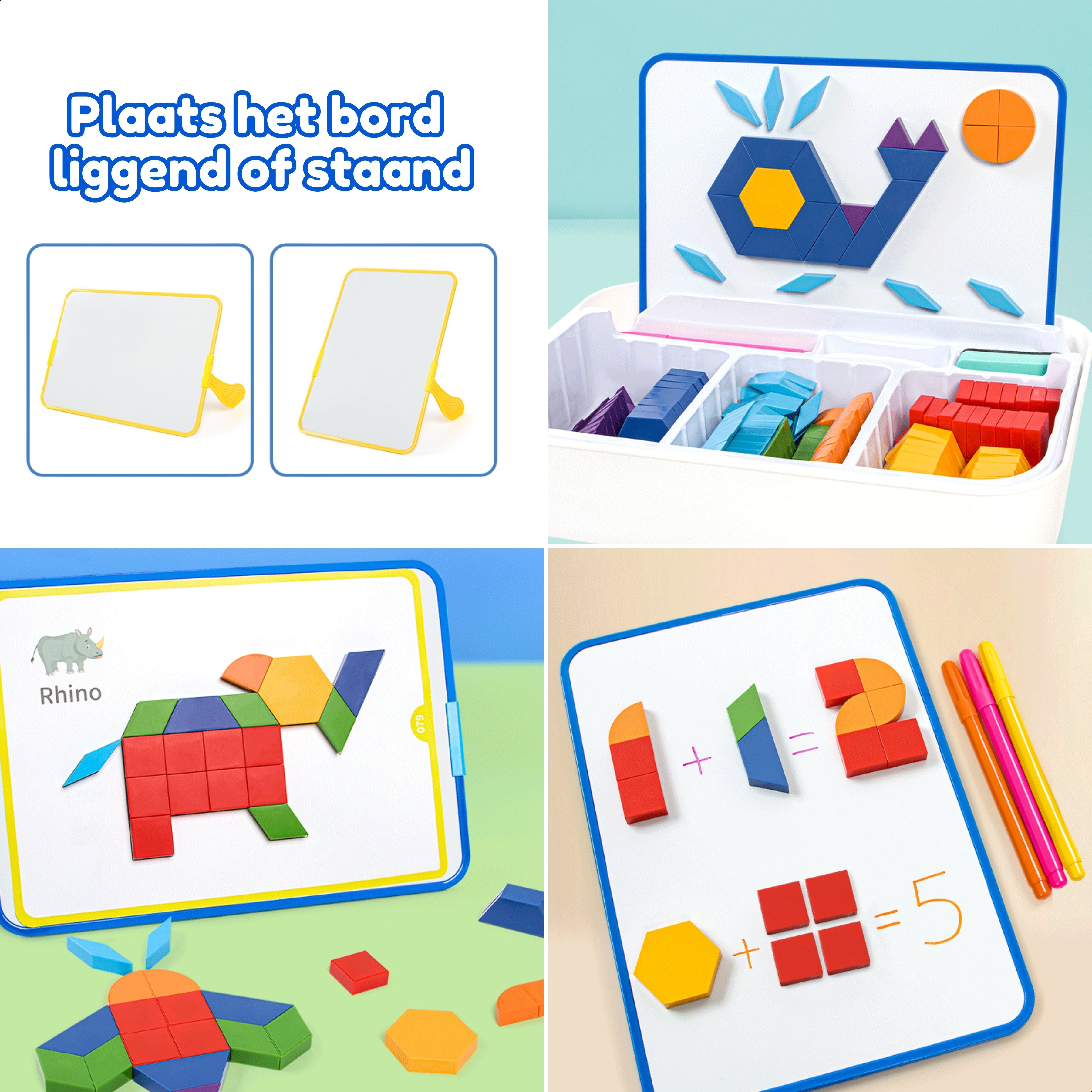 Tangram Tactician van Fits4Kids opgesteld met kleurrijke vormen op speelbord